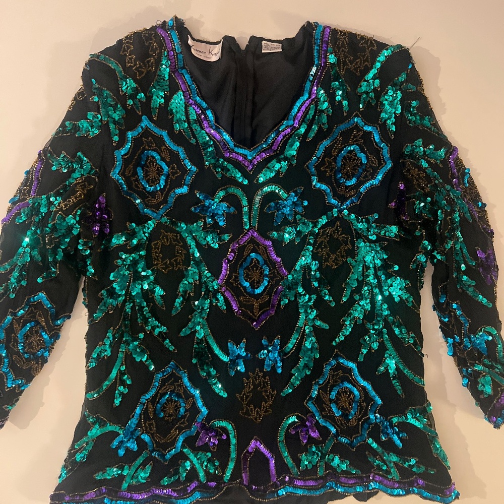 Laurence Kazar Vintage Silk Sequin Beaded Top 2X Black Jewel Scalloped